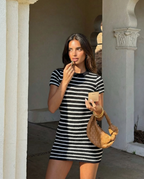 Pearl | Stripe Print Crew Neck Short Sleeve Ribbed Knit Bodycon Mini Dress