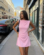 Verity | Asymmetric Draped Neck Wide Strap Side Ruching Satin A-Line Mini Dress