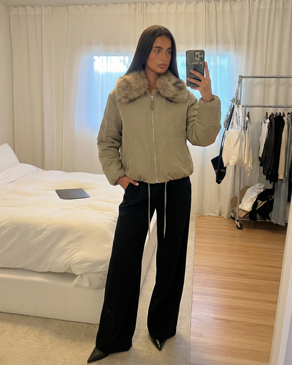 Martha | Khaki Bomber Jacket with Faux Fur Collar