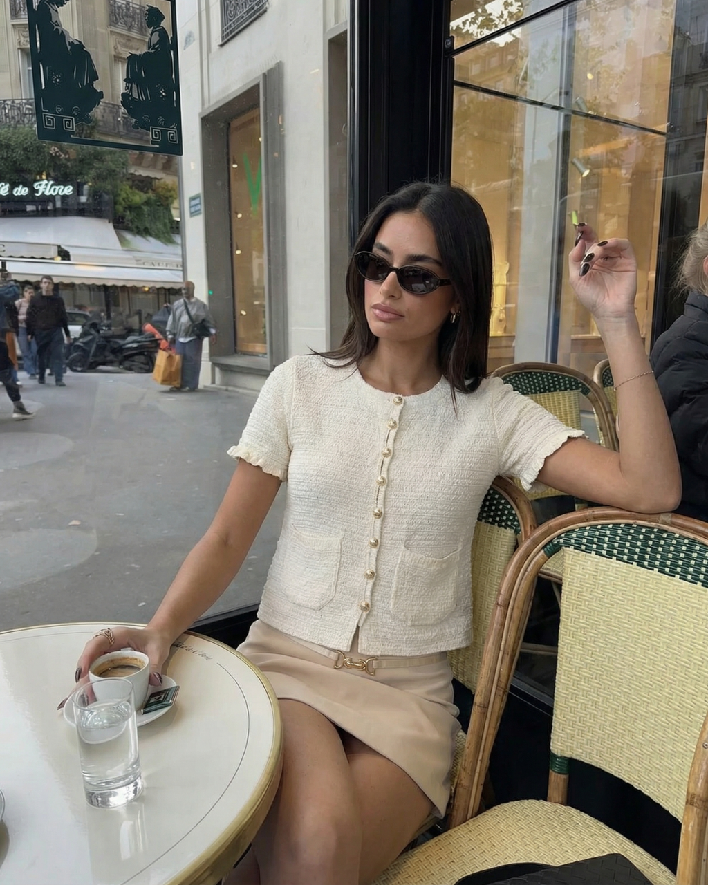 Anna | Pearl Button Frilled Sleeve Front Pocket Cropped Knit Top