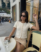 Anna | Pearl Button Frilled Sleeve Front Pocket Cropped Knit Top