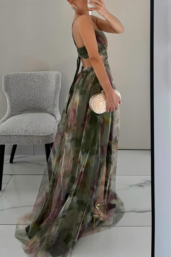 Women's Maxi dress multicolor with thin straps flowy V-neckline