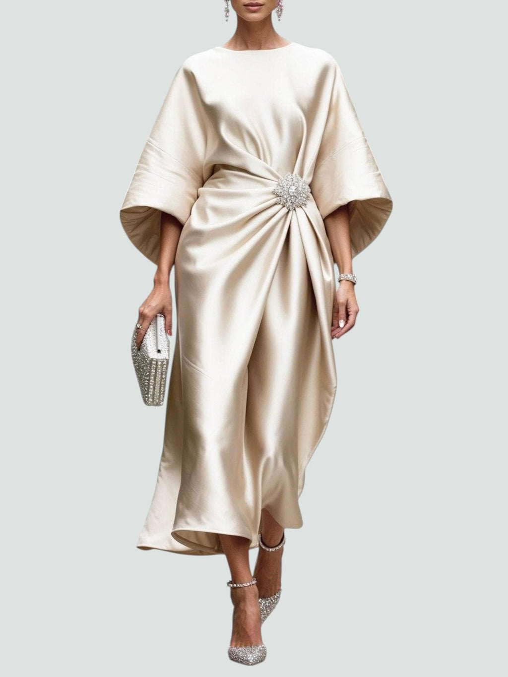 Women's Satin Draped Cinched Waist Midi Dress