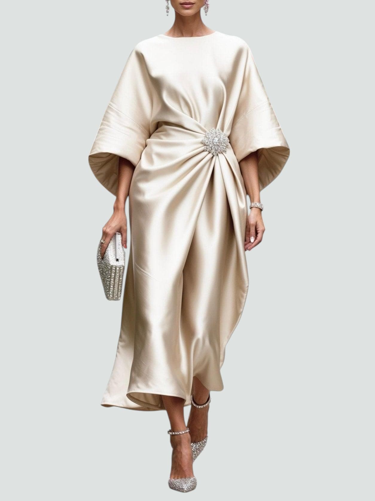 Women's Satin Draped Cinched Waist Midi Dress