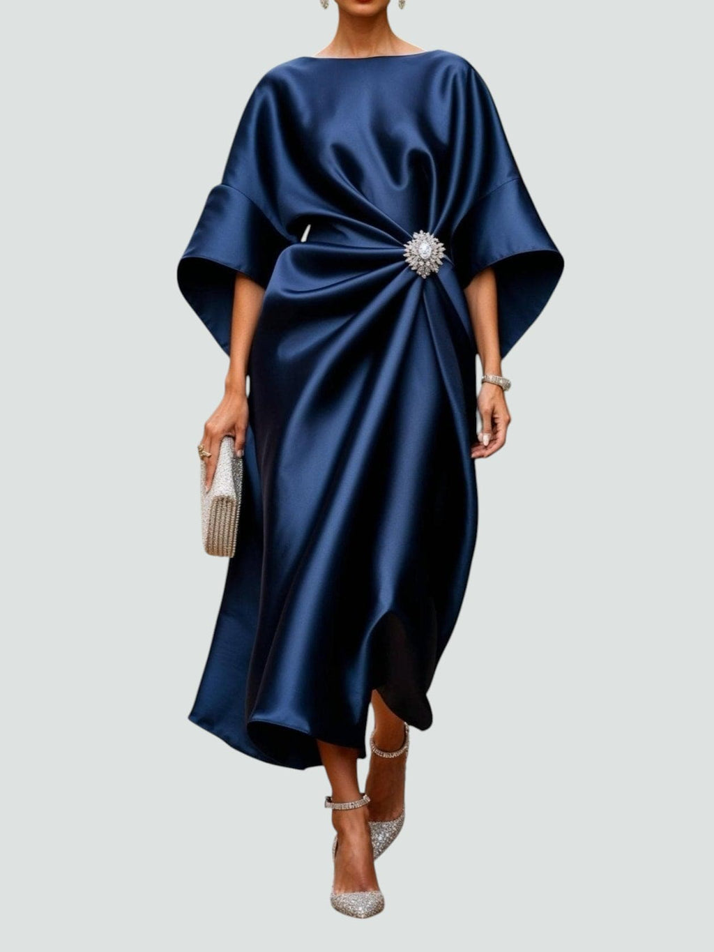 Women's Satin Draped Cinched Waist Midi Dress