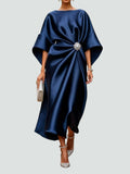 Women's Satin Draped Cinched Waist Midi Dress