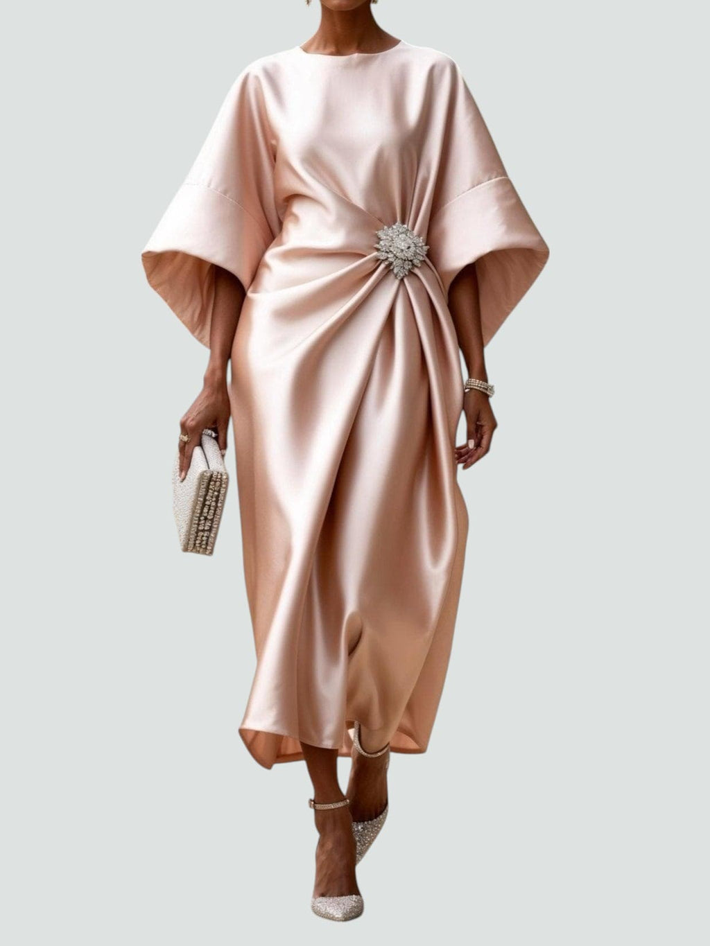 Women's Satin Draped Cinched Waist Midi Dress