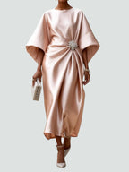 Women's Satin Draped Cinched Waist Midi Dress