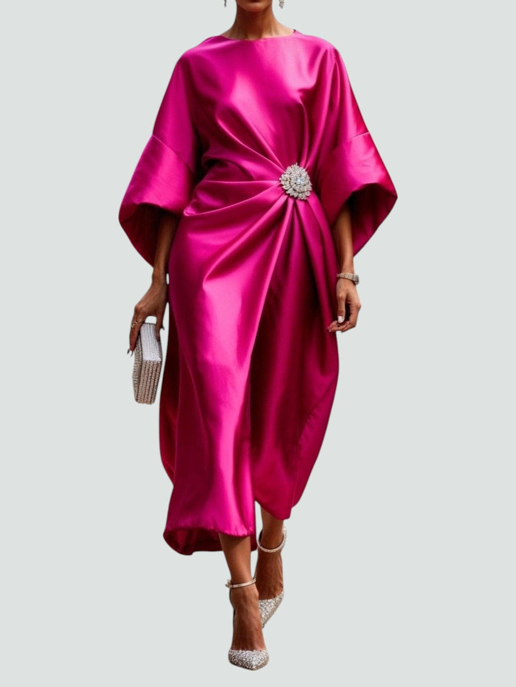 Women's Satin Draped Cinched Waist Midi Dress