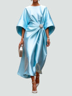 Women's Satin Draped Cinched Waist Midi Dress