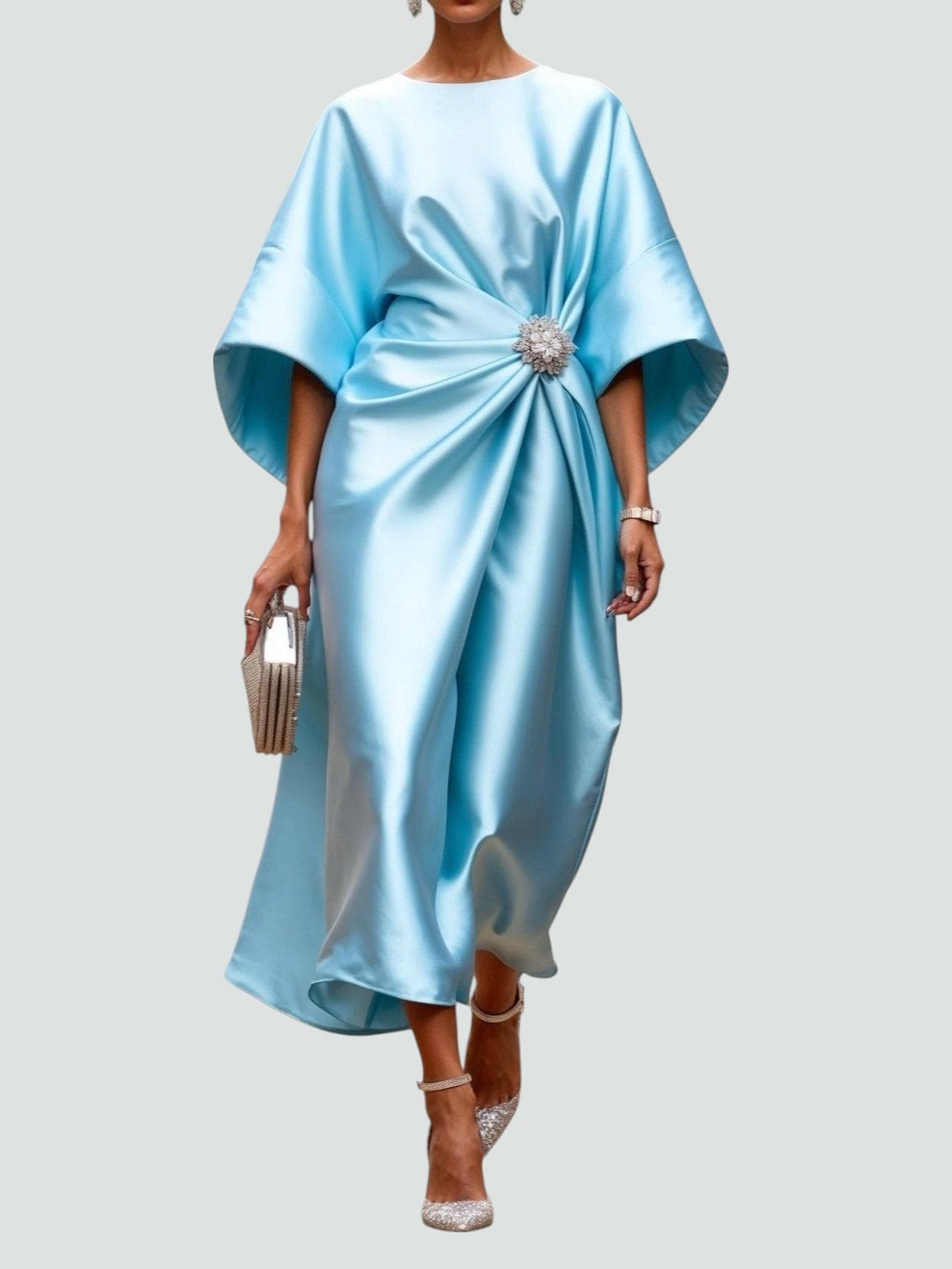 Women's Satin Draped Cinched Waist Midi Dress