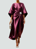 Women's Satin Draped Cinched Waist Midi Dress