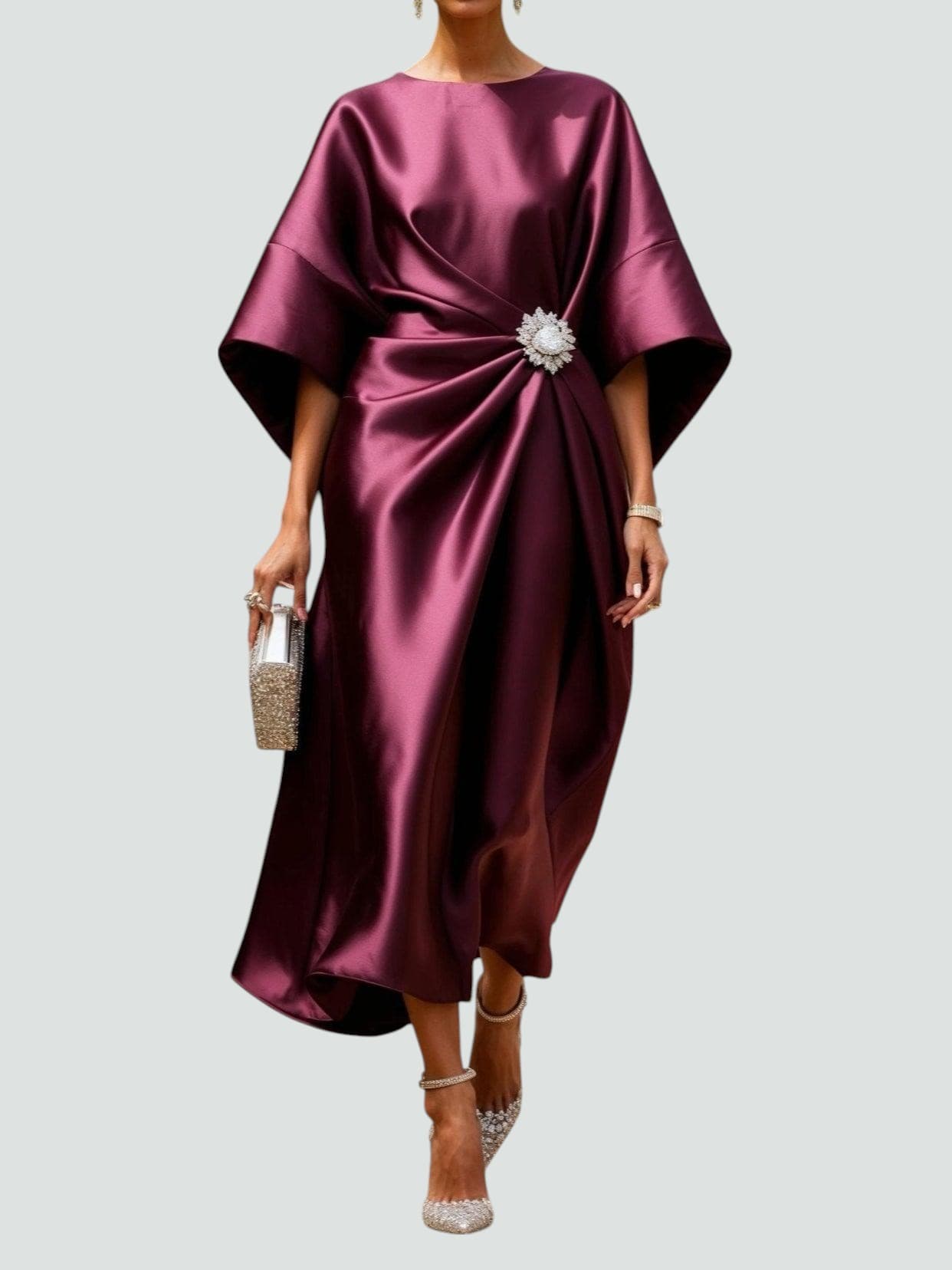 Women's Satin Draped Cinched Waist Midi Dress