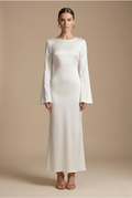 Women’s Satin Long Sleeve Maxi Dress with Round Neck and Tie Waist