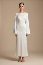 Women’s Satin Long Sleeve Maxi Dress with Round Neck and Tie Waist