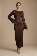 Women’s Satin Long Sleeve Maxi Dress with Round Neck and Tie Waist