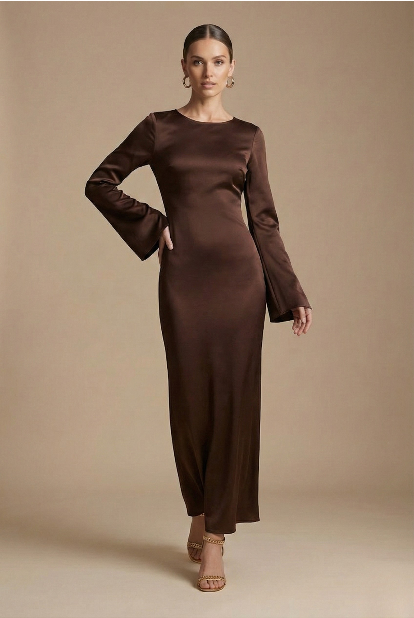 Women’s Satin Long Sleeve Maxi Dress with Round Neck and Tie Waist