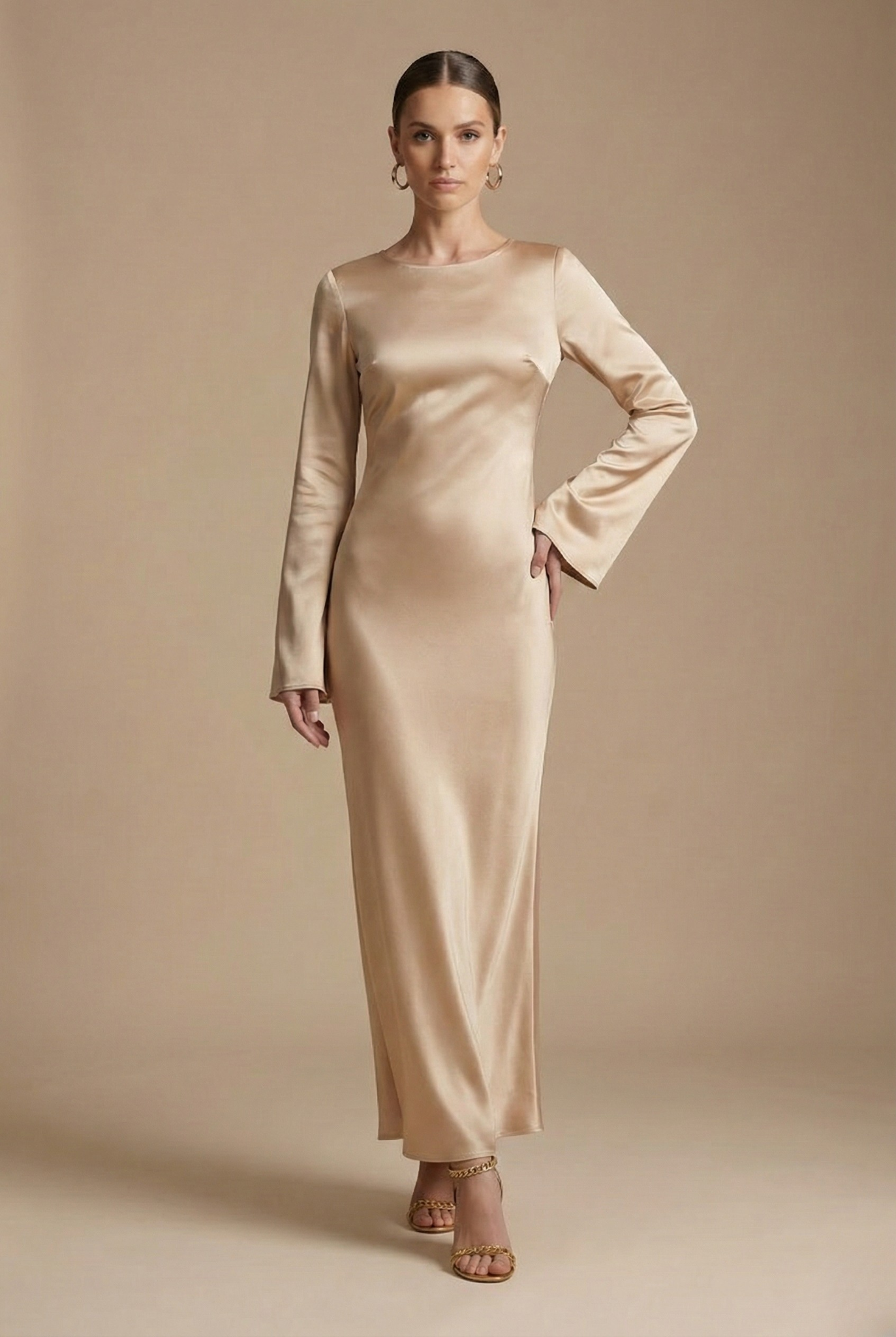 Women’s Satin Long Sleeve Maxi Dress with Round Neck and Tie Waist