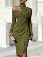 Women's Long Sleeve Midi Dress - High Neck One Shoulder Ruched Bodycon Front Slit Evening Dress