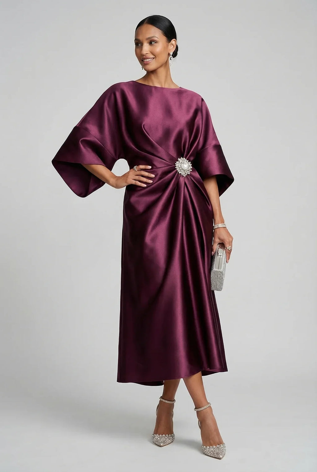 Wedding Guest Satin Style Batwing Jewel Midi Dress
