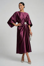 Wedding Guest Satin Style Batwing Jewel Midi Dress