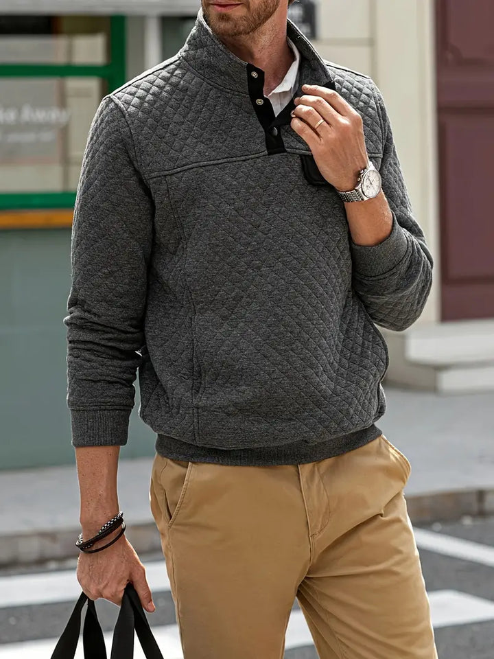 Men’s Quilted Pullover Sweater with Buttoned Stand Collar