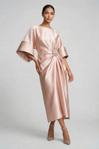 Wedding Guest Satin Style Batwing Jewel Midi Dress