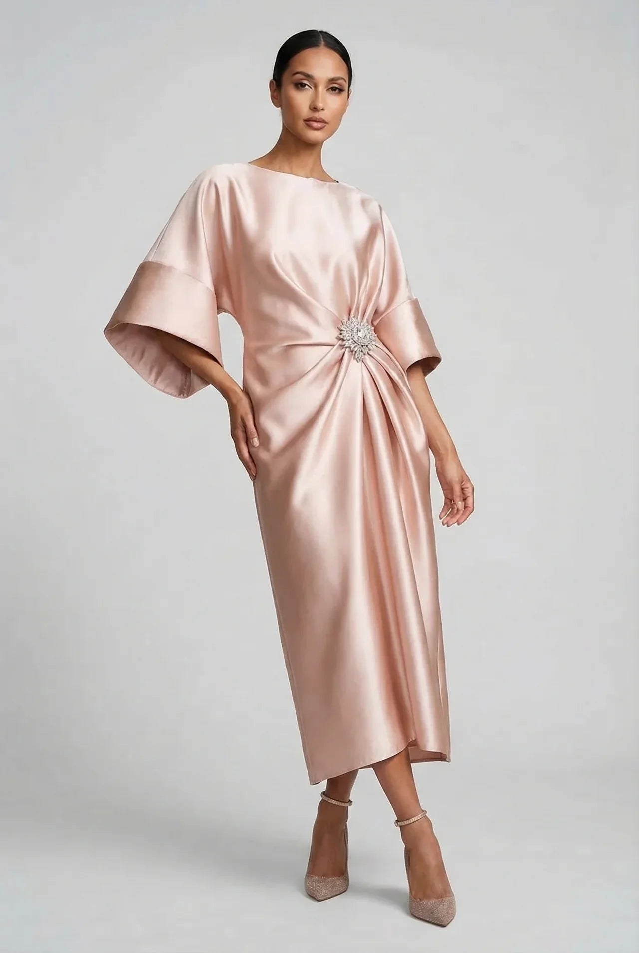 Wedding Guest Satin Style Batwing Jewel Midi Dress