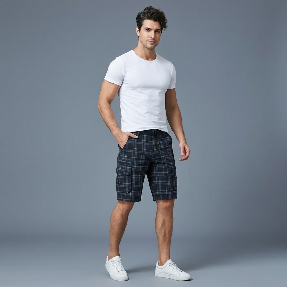 Glenn | Men's Multi Pocket Plaid Cargo Shorts