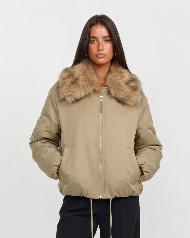 Martha | Khaki Bomber Jacket with Faux Fur Collar