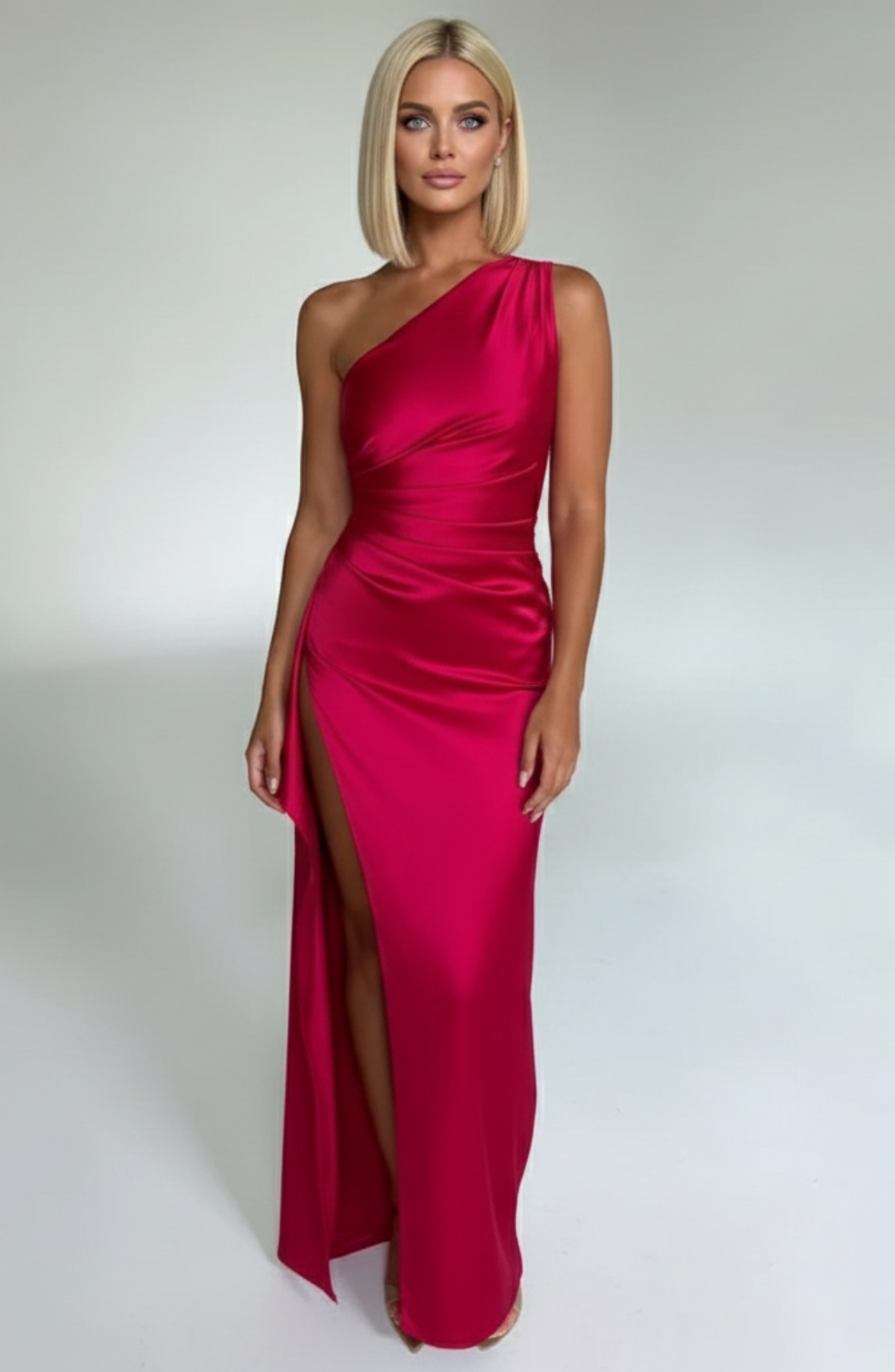 One Shoulder Satin Style Split Occasion Maxi Dress