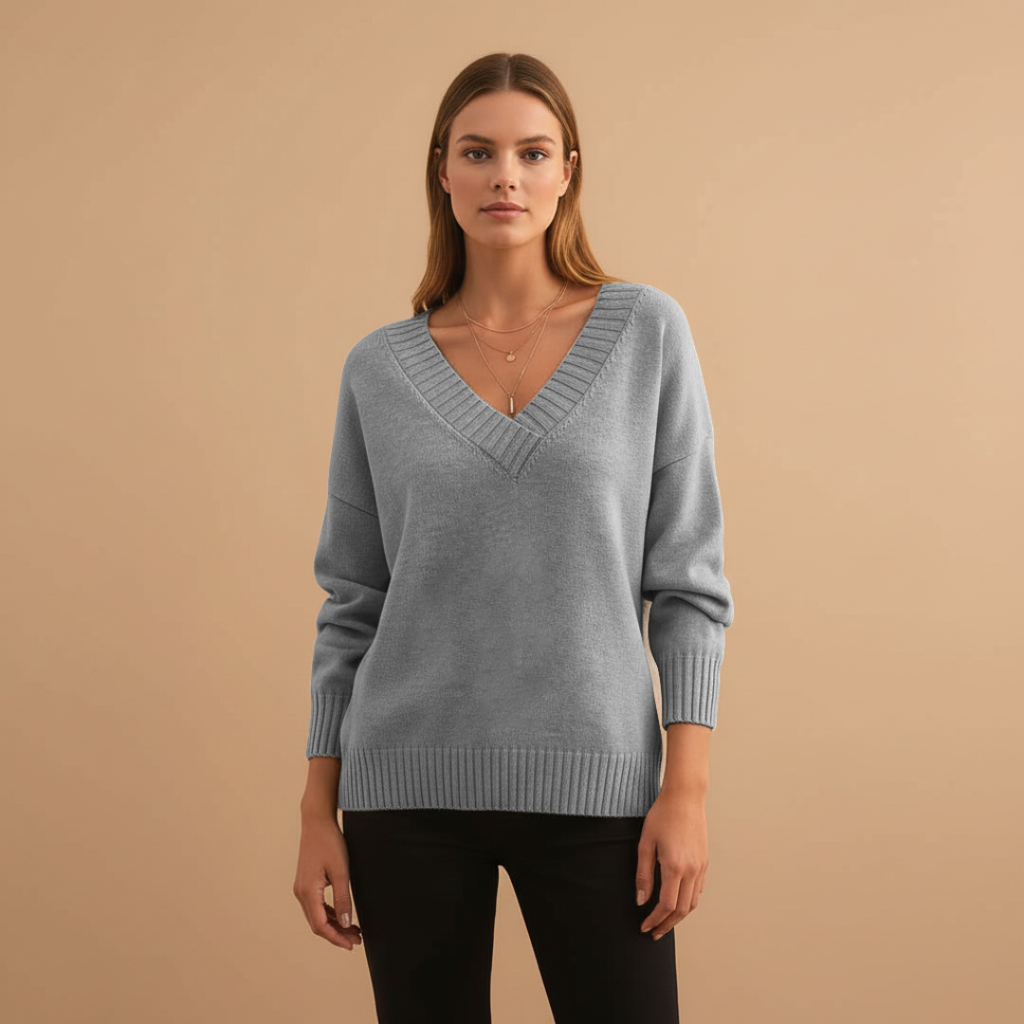 Women’s Pullover with V-Neck and Ribbed Details