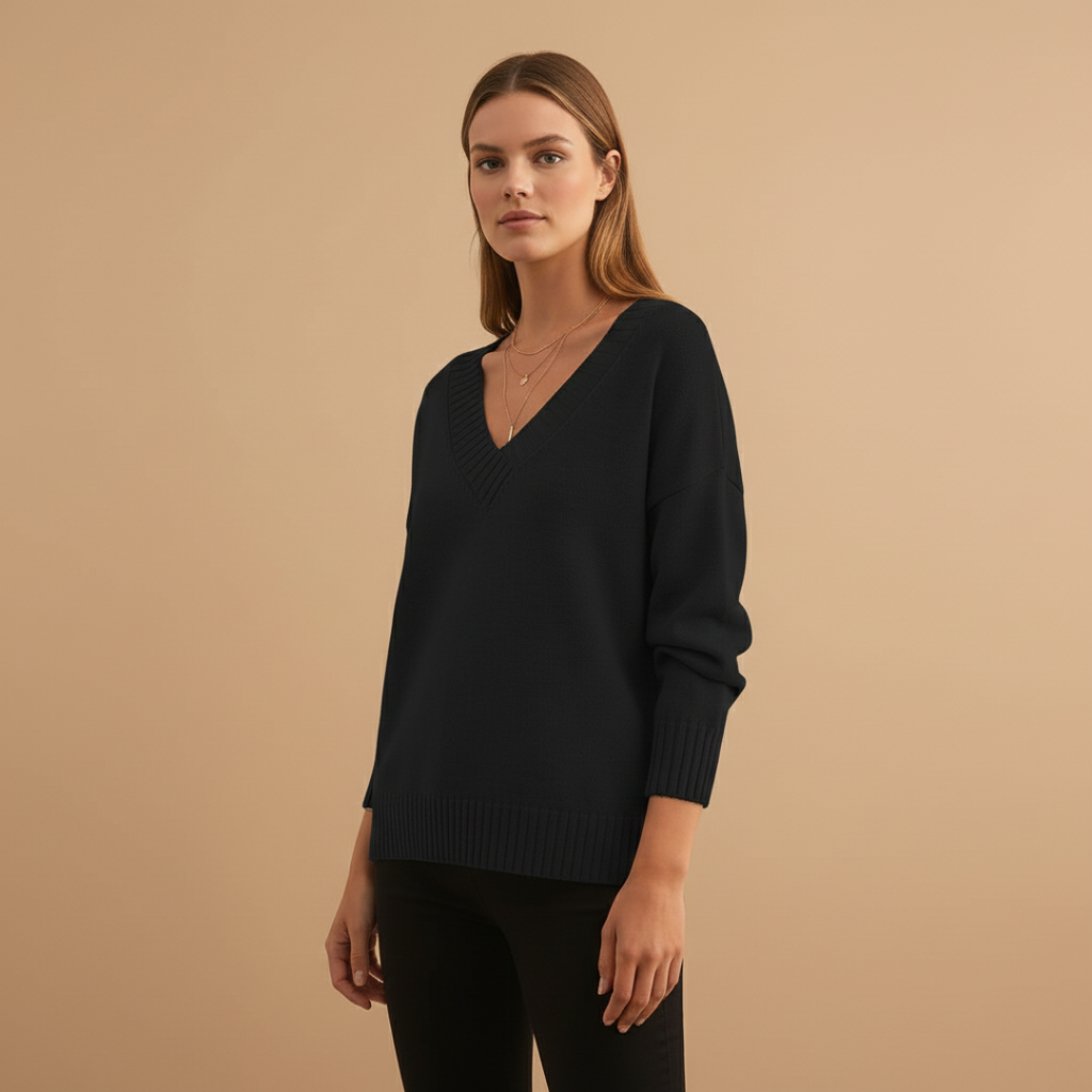 Women’s Pullover with V-Neck and Ribbed Details