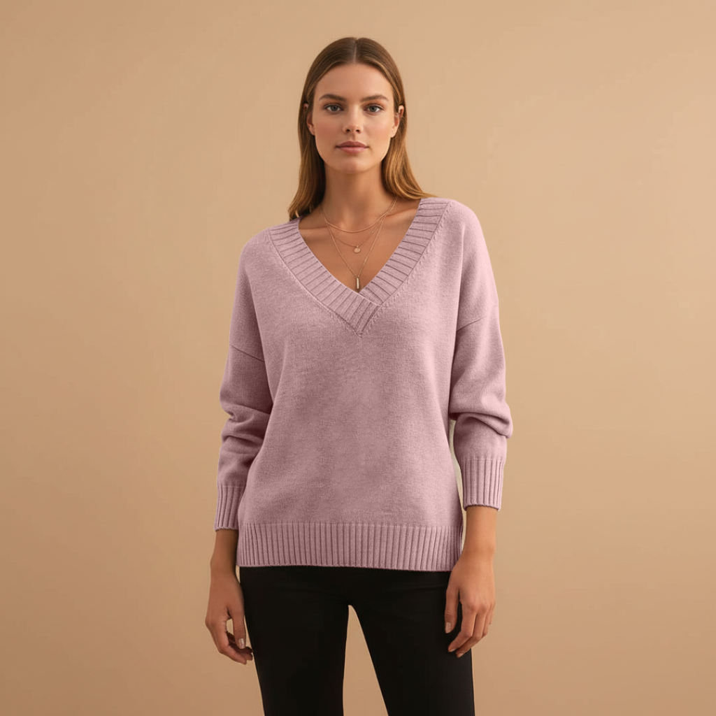 Women’s Pullover with V-Neck and Ribbed Details