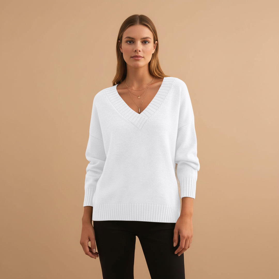 Women’s Pullover with V-Neck and Ribbed Details