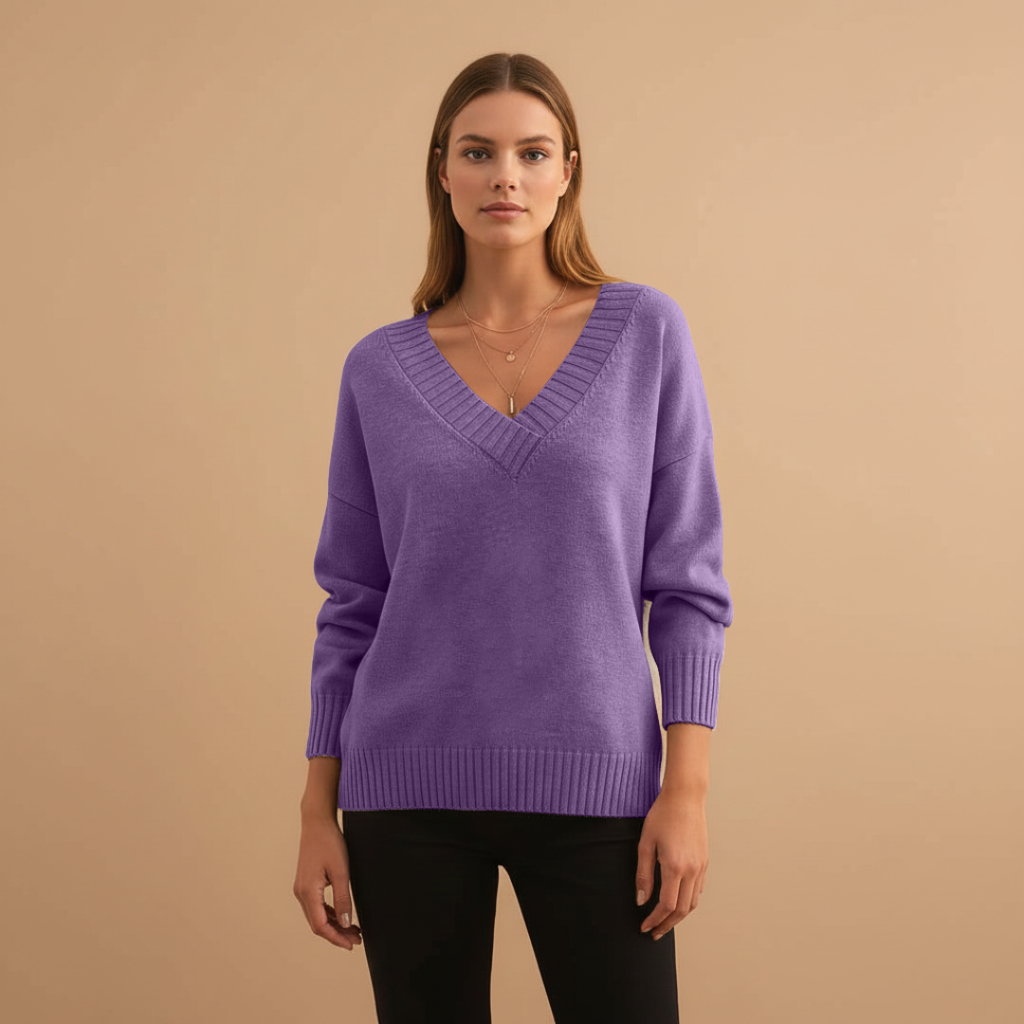 Women’s Pullover with V-Neck and Ribbed Details