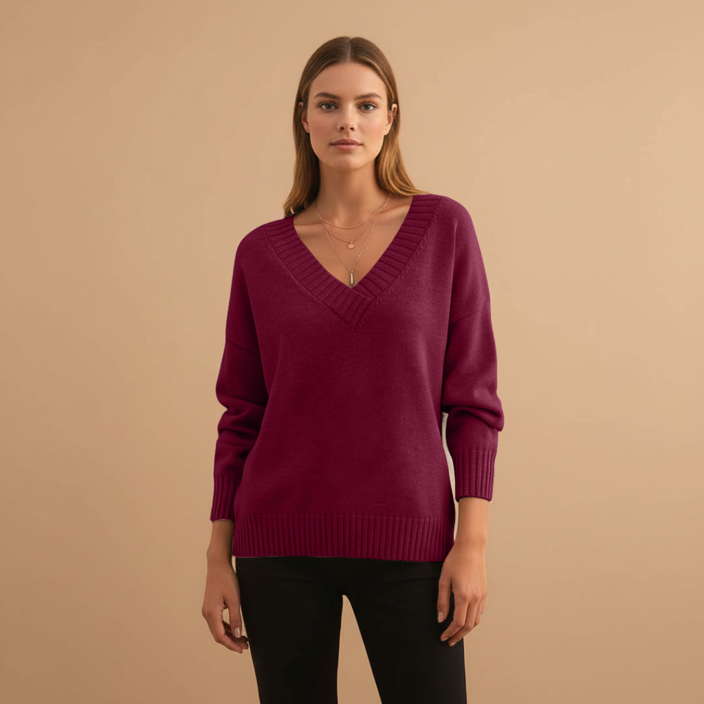 Women’s Pullover with V-Neck and Ribbed Details