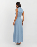 Arabella | Collared V-Neck Button-Front Denim Maxi Dress