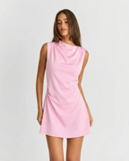 Verity | Asymmetric Draped Neck Wide Strap Side Ruching Satin A-Line Mini Dress