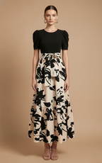 Women’s Bow-Tie Waist Maxi Dress - Short Sleeve Design - Tiered Skirt Silhouette - Elegant Occasion Dress