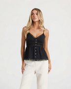 Pearl | Lace Trim Button-Front Peplum Cami Top