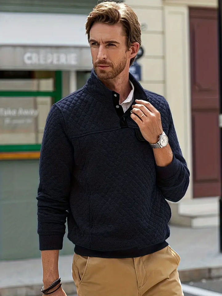 Men’s Quilted Pullover Sweater with Buttoned Stand Collar