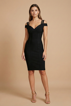 Women’s Bandage Midi Dress - Off-Shoulder Straps - Body-Hugging Fit - Elegant Evening Dress
