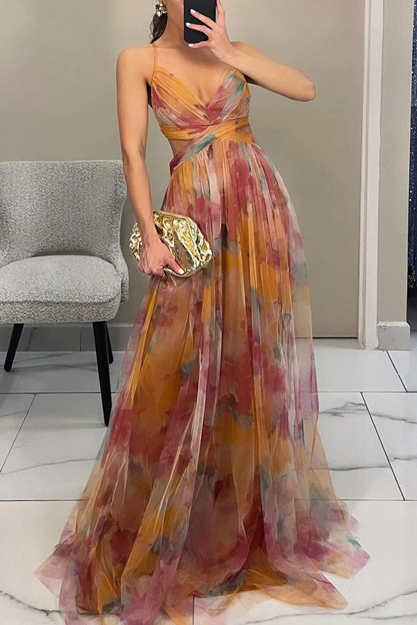 Women's Maxi dress multicolor with thin straps flowy V-neckline