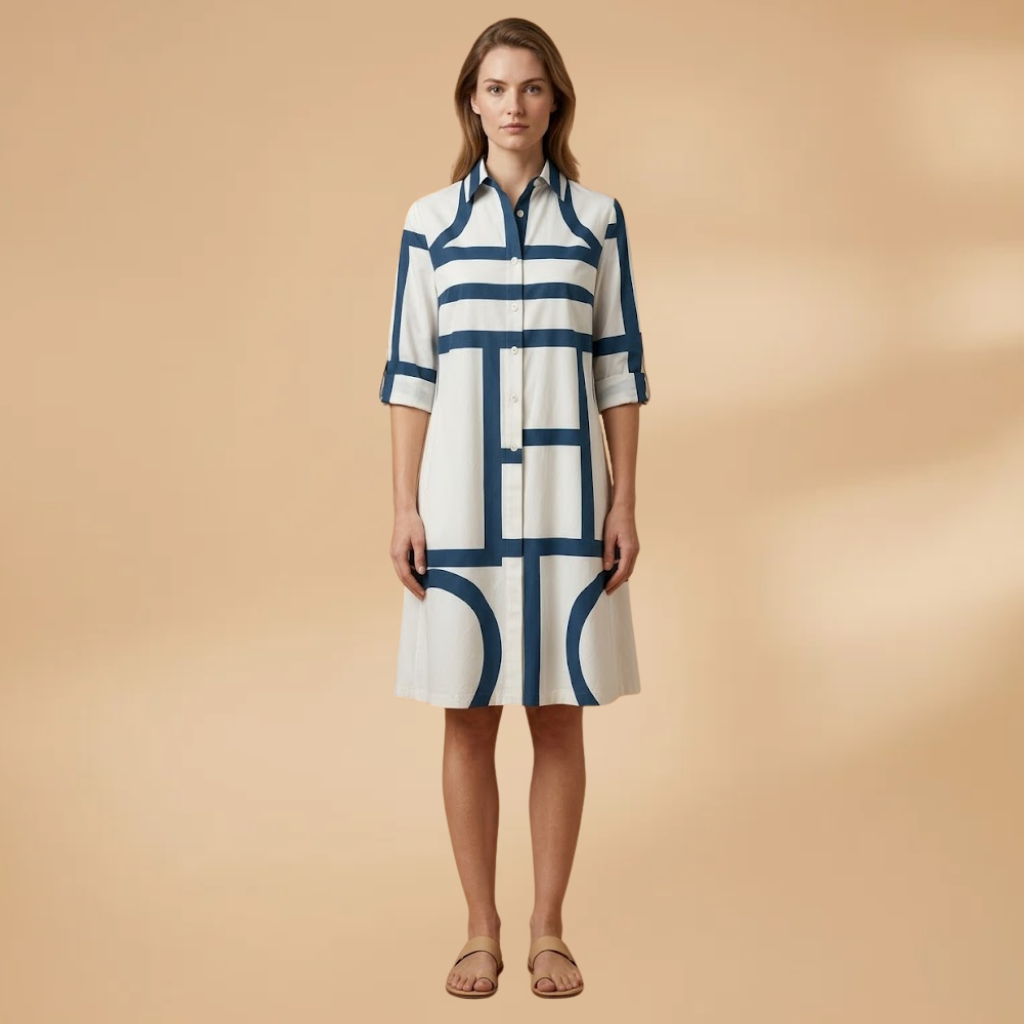Women's Midi Dress with Short Sleeves and Flared Skirt
