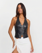 Arabella | Faux Leather Zip-Front Corset Halter Top