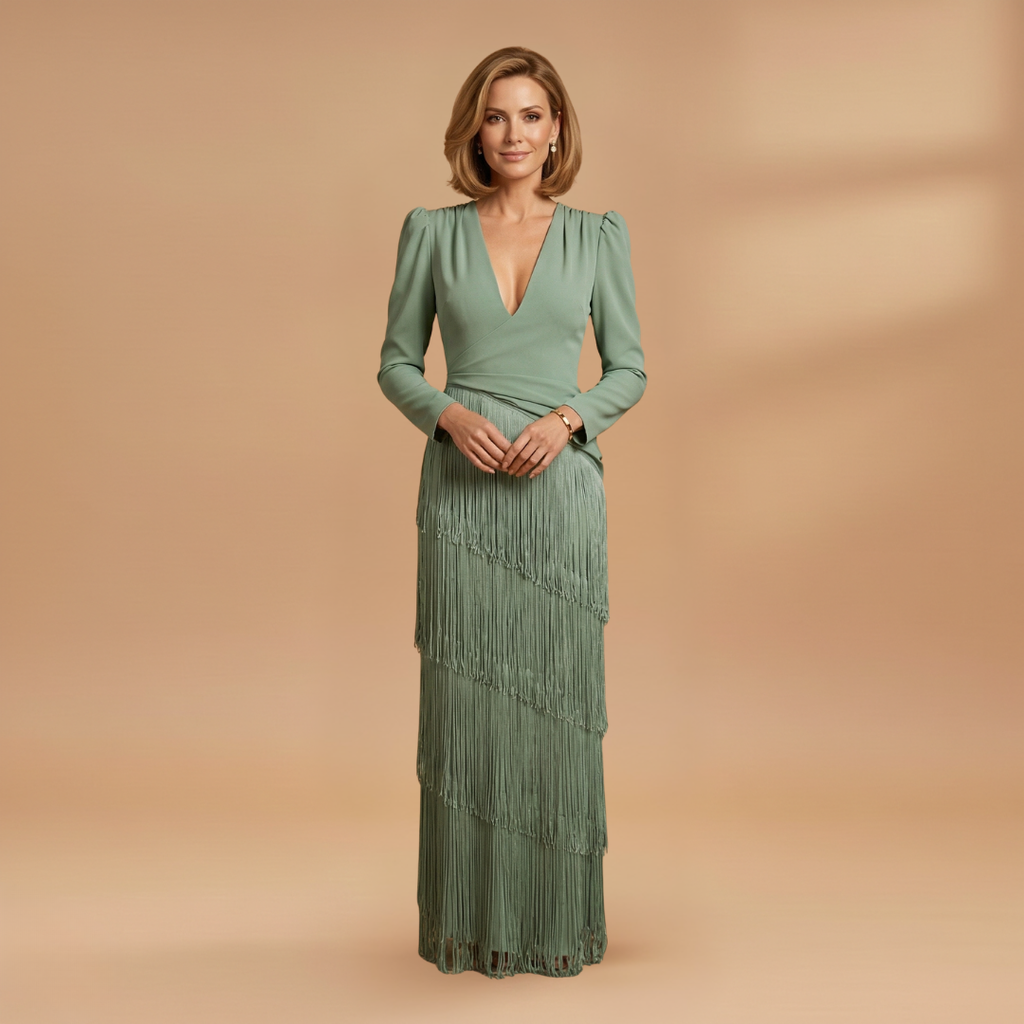 Women's Banquet Dress with V-Neck and Pleated Tassel Hem