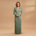 Women's Banquet Dress with V-Neck and Pleated Tassel Hem