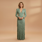 Women's Banquet Dress with V-Neck and Pleated Tassel Hem