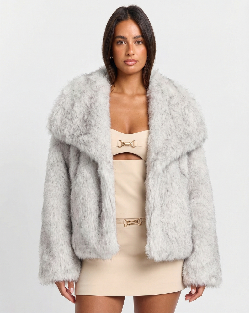 Lois | Grey Faux Fur Shawl Collar Jacket